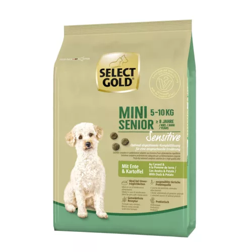Select Gold Sensitive Mini Hrană uscată pentru câini seniori, cu rață și cartofi 1 kg