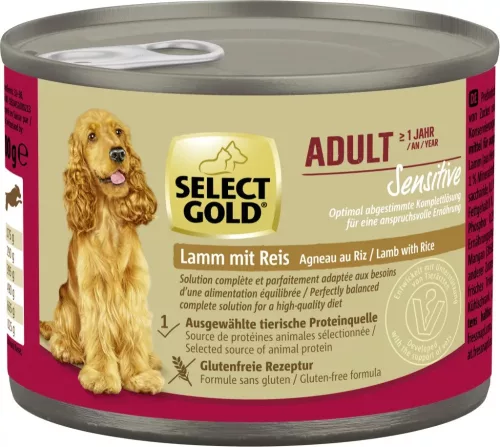 Select Gold Sensitive Hrană umedă pentru câini adulți, miel și orez 200 g