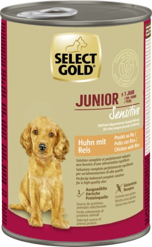 Select Gold Sensitive Hrană umedă pentru câini juniori cu pui și orez 400 g