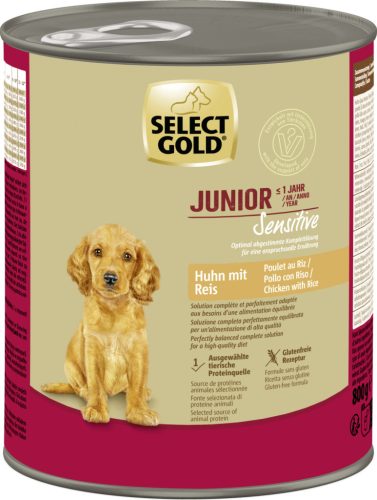 Select Gold Hrană umedă pentru câini juniori sensibili, cu pui și orez, 800 g