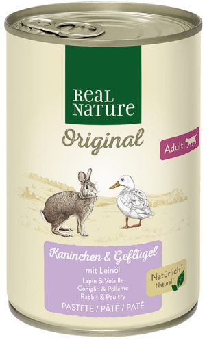 Real Nature Original Hrană pentru pisici adulte, cu iepure sălbatic și pasăre 400g