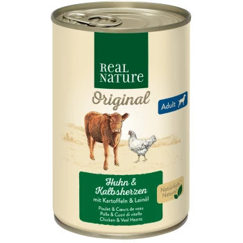 Real Nature Original Hrană umedă pentru câini adulți, cu inimă de vițel și pui 400 g