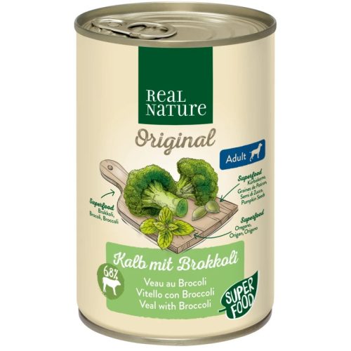 Real Nature Original Hrană umedă pentru câini adulți, cu vițel și broccoli 400 g