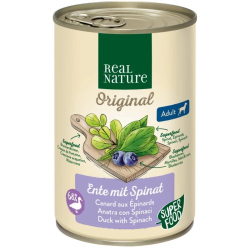 Real Nature Original Hrană umedă pentru câini adulți, cu rață și spanac 400 g