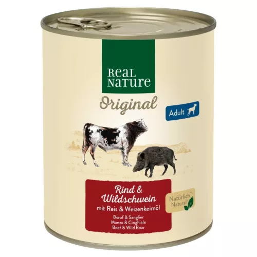 Real Nature Original Hrană umedă pentru câini adulți, vită și mistreț 800 g