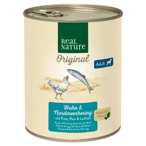 Real Nature Original Hrană umedă pentru câini adulți, cu pui și hering 800 g