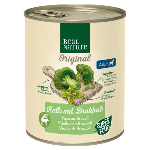 Real Nature Original Hrană umedă pentru câini adulți, cu vițel și broccoli 800 g