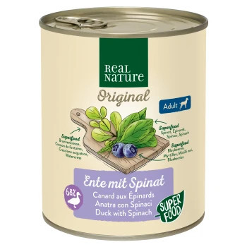 Real Nature Original Hrană umedă pentru câini adulți, cu rață și spanac 800 g