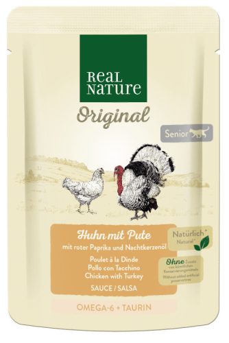 Real Nature Original Hrană pentru pisici senioare, cu pui și curcan 85 g