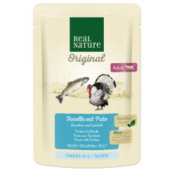   Real Nature Original Hrană pentru pisici adulte, cu păstrăv și curcan 85 g
