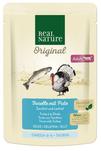 Real Nature Original Hrană pentru pisici adulte, cu păstrăv și curcan 85 g
