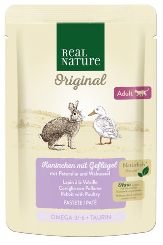 Real Nature Original Hrană pentru pisici, cu iepure și pasăre 85g