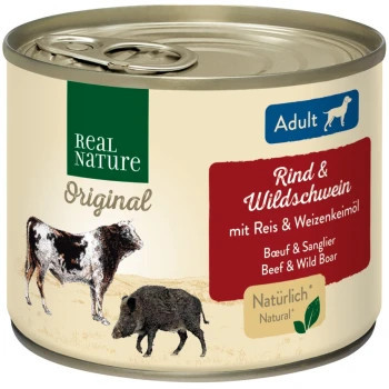 Real Nature Original Hrană umedă pentru câini adulți, cu vită și mistreț 200 g