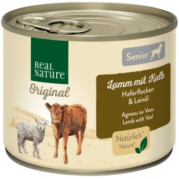 Real Nature Original Hrană umedă pentru câini seniori, cu miel și vițel 200 g