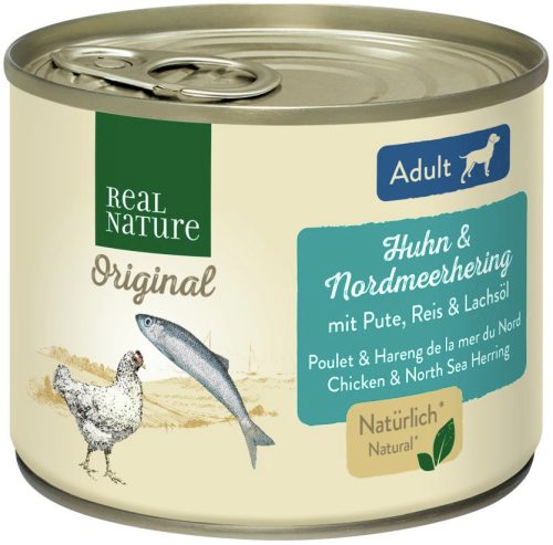 Real Nature Original Hrană umedă pentru câini adulți, cu pui și hering 200g