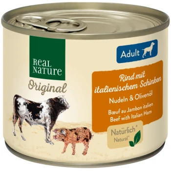 Real Nature Original Hrană pentru câini adulți, cu vită și șuncă 200g