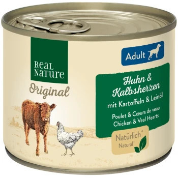 Real Nature Original Hrană umedă pentru câini adulți, cu vițel și pui 200 g