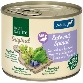 Real Nature Original Hrană umedă pentru câini adulți, cu rață și spanac 200 g