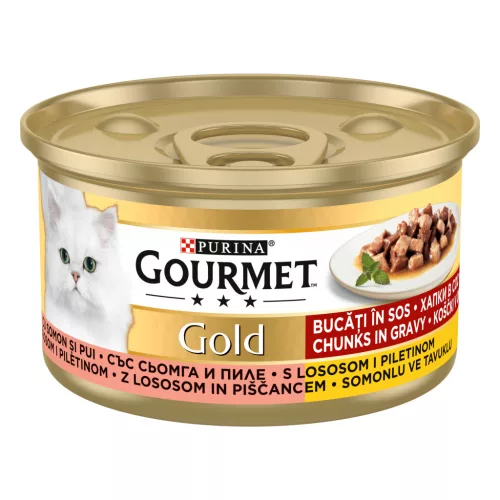 Gourmet Gold Hrană umedă pentru pisici bucăți în sos cu somon și pui 85 g