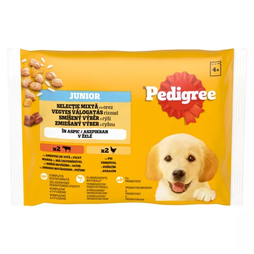 Pedigree Junior Hrană umedă căței, amestec de bucățele în aspic 4 x 100 g
