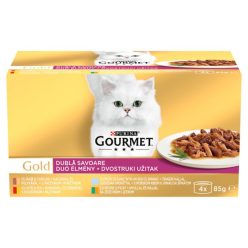   Gourmet Gold Dublă Savoare Hrană umedă pentru pisici, cu vită și pui, rață și curcan, pește oceanic și spanac, iepure și ficat în sos 4x85 g