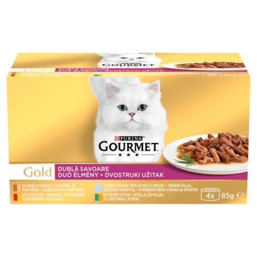 Gourmet Gold Dublă Savoare Hrană umedă pentru pisici, cu vită și pui, rață și curcan, pește oceanic și spanac, iepure și ficat în sos 4x85 g