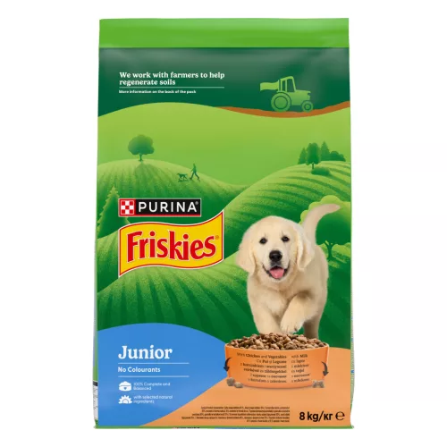 Friskies Junior Hrană uscată pentru câini, cu pui, legume și lapte 8 kg