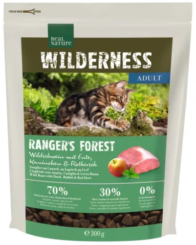 Real Nature Wilderness Hrană uscată pentru pisici adulte, cu mistreț, rață, iepure și căprioară 300g