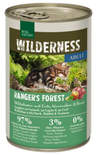 Real Nature Wilderness Hrană pentru pisici adulte, cu mistreț și rață 400g