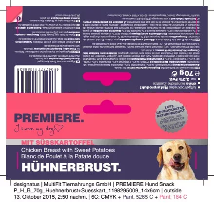 Premiere I Love My Dog Gustare nutritivă pentru câini, cu piept de pui și cartof dulce 70 g
