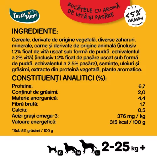 Pedigree Tasty Minis Recompense pentru câini adulți, cu vită 155 g