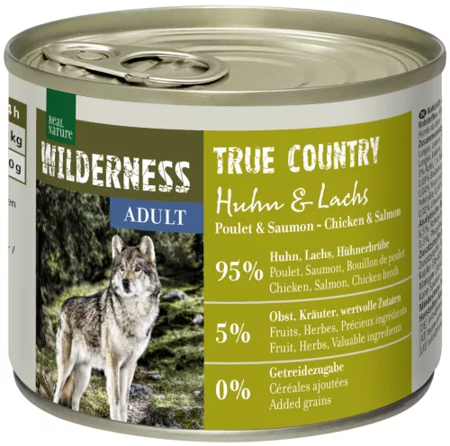 Real Nature Wilderness Hrană umedă pentru câini adulți, cu pui și somon 200 g