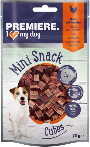 Premiere Mini Cubes Recompense pentru câini cu pui, morcov și spanac 70 g