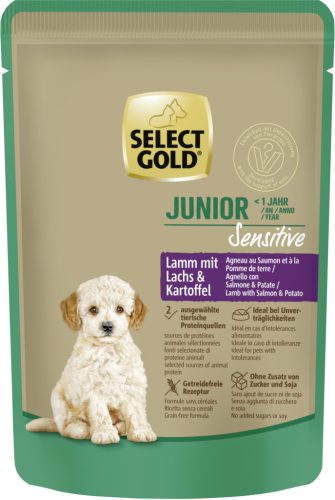 Select Gold Sensitive Hrană umedă pentru câini juniori cu miel și somon 100 g