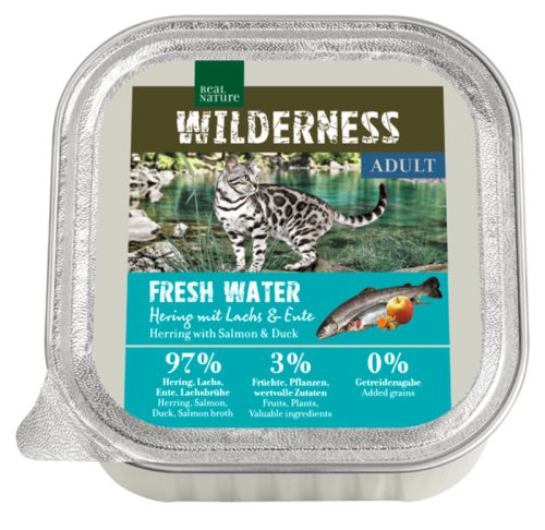 Real Nature Wilderness Fresh Water Hrană pentru pisici adulte, cu hering și somon 100g