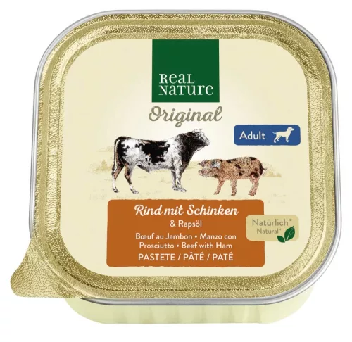 Real Nature Original Hrană umedă pentru câini adulți, vită și șuncă 100 g