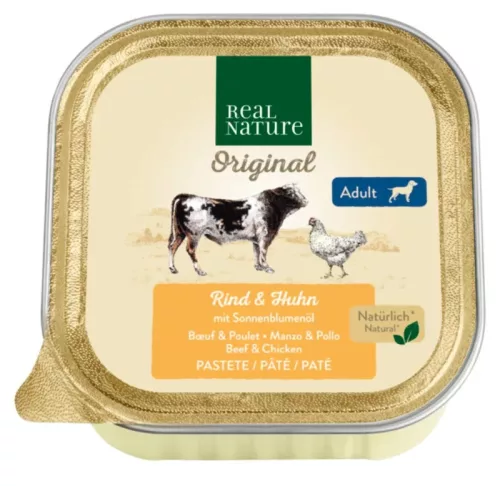 Real Nature Original Hrană umedă pentru câini adulți, vită și pui 100 g