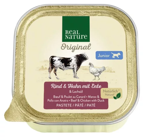 Real Nature Original Hrană umedă pentru câini puppy vită, pui și rață 100 g