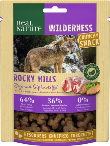 Real Nature Wilderness Rocky Hills Recompense pentru câini, cu capră și cartofi dulci 225g