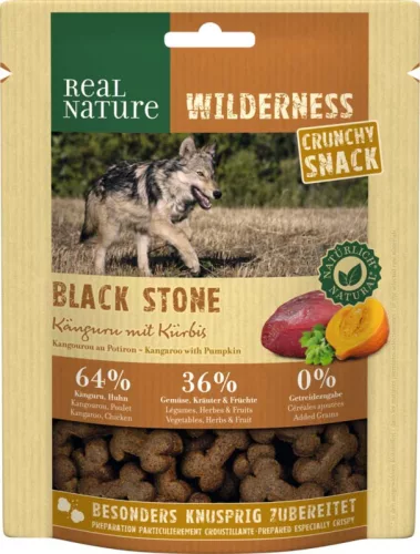 Real Nature Wilderness Black Stone Recompense pentru câini, cu cangur și dovleac 225g