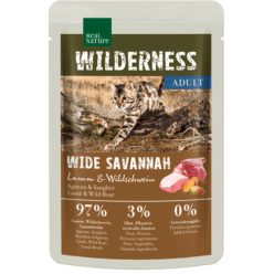   Real Nature Wilderness Hrană pentru pisici adulte, cu miel și mistreț 85g 
