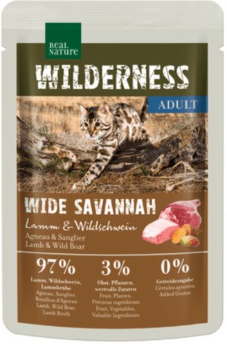 Real Nature Wilderness Hrană pentru pisici adulte, cu miel și mistreț 85g 