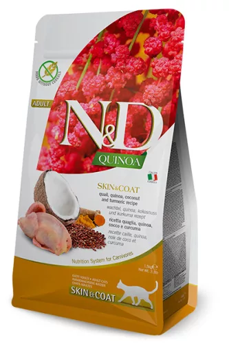 N&D Quinoa Skin & Coat Hrană uscată pentru pisici adulte cu prepeliță 1,5 kg