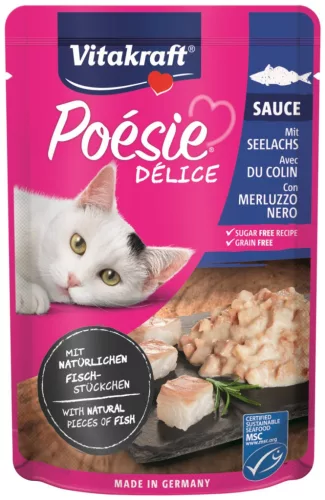 Vitakraft Poésie Délice Hrană umedă pentru pisici adulte cu pește pollock în sos 85 g