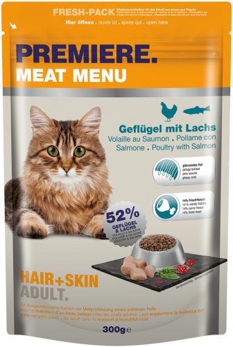 Premiere Meat Menu Hair & Skin Hrană pentru pisici cu pasăre și somon 300 g