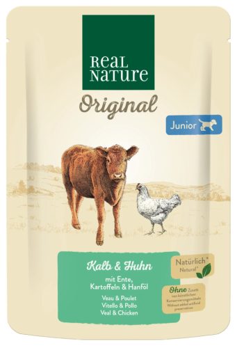 Real Nature Hrană umedă pentru câini juniori cu vițel, pui și rață 300 g