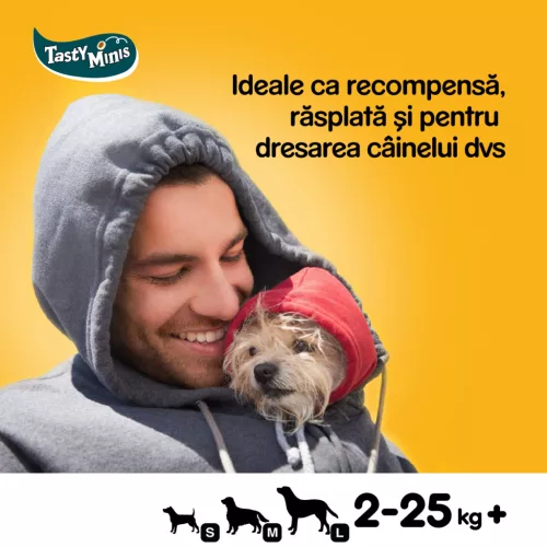 Pedigree Tasty Minis recompense pentru câini adulți, cu brânză și vită 140 g