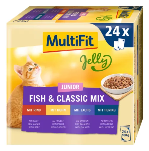 MultiFit Junior în sos – patru delicii gustoase pentru pisica ta, în sos fin 24x100 g