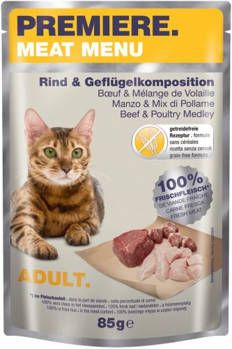 Premiere Meat Menu Hrană pentru pisici adulte cu vită și pasăre 85 g