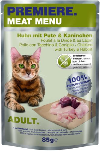 Premiere Meat Menu Hrană pentru pisici adulte, cu pui, curcan și iepure 85 g